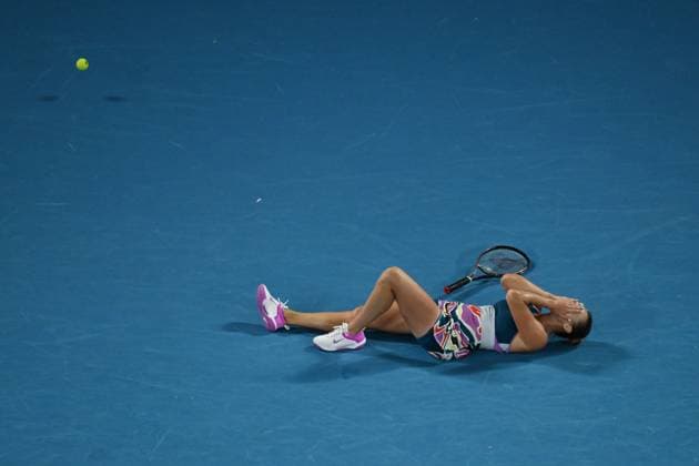 TENNIS AUSTRALIAN OPEN, Aryna Sabalenka of Belarus celebrates match point during the Women?s Singles Final against Elena Rybakina of Kazakhstan at the 2023 Australian Open tennis tournament at Melbourne Park in Melbourne, Saturday, January 28, 2023. ( NO ARCHIVING, EDITORIAL USE ONLY, NO USE IN BOOKS WITHOUT CONSENT MELBOURNE VICTORIA AUSTRALIA  Copyright: xLUKASxCOCHx 20230128001757492061
