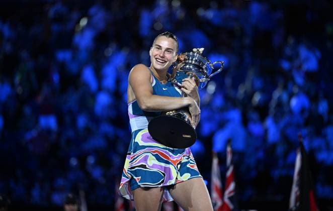 TENNIS AUSTRALIAN OPEN, Aryna Sabalenka of Belarus celebrates after defeating Elena Rybakina of Kazakhstan in the women?s singles final at the 2023 Australian Open tennis championship at Melbourne Park in Melbourne, Saturday, January 28, 2023. ( NO ARCHIVING, EDITORIAL USE ONLY, NO USE IN BOOKS WITHOUT CONSENT MELBOURNE VICTORIA AUSTRALIA  Copyright: xJAMESxROSSx 20230128001757497376