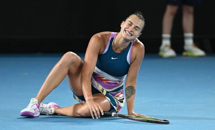 Sport Bilder des Tages TENNIS AUSTRALIAN OPEN, Aryna Sabalenka of Belarus reacts after defeating Elena Rybakina of Kazakhstan in the women?s singles final at the 2023 Australian Open tennis championship at Melbourne Park in Melbourne, Saturday, January 28, 2023. ( NO ARCHIVING, EDITORIAL USE ONLY, NO USE IN BOOKS WITHOUT CONSENT MELBOURNE VICTORIA AUSTRALIA  Copyright: xJAMESxROSSx 20230128001757499733