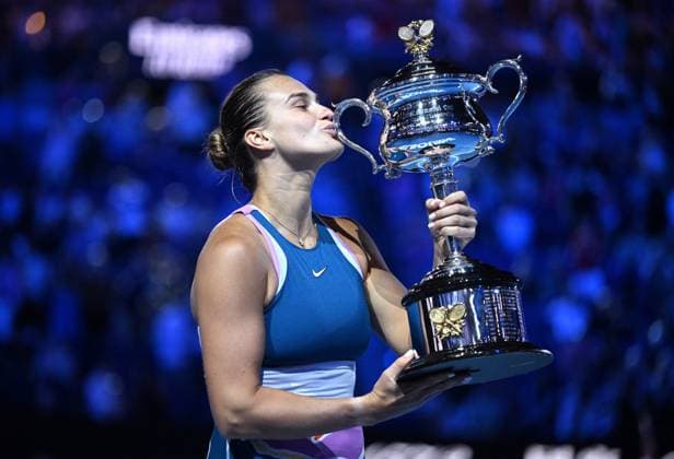 TENNIS AUSTRALIAN OPEN, Aryna Sabalenka of Belarus celebrates after defeating Elena Rybakina of Kazakhstan in the women?s singles final at the 2023 Australian Open tennis championship at Melbourne Park in Melbourne, Saturday, January 28, 2023. ( NO ARCHIVING, EDITORIAL USE ONLY, NO USE IN BOOKS WITHOUT CONSENT MELBOURNE VICTORIA AUSTRALIA  Copyright: xJAMESxROSSx 20230128001757501279
