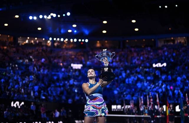 TENNIS AUSTRALIAN OPEN, Aryna Sabalenka of Belarus celebrates after defeating Elena Rybakina of Kazakhstan in the women?s singles final at the 2023 Australian Open tennis championship at Melbourne Park in Melbourne, Saturday, January 28, 2023. ( NO ARCHIVING, EDITORIAL USE ONLY, NO USE IN BOOKS WITHOUT CONSENT MELBOURNE VICTORIA AUSTRALIA  Copyright: xJAMESxROSSx 20230128001757502532