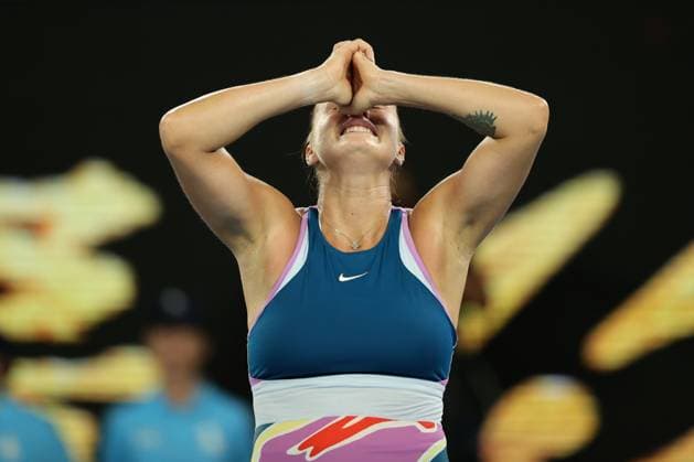 Aryna Sabalenka celebrates defeating Elena Rybakina of Kazakistan 4-6 6-3 6-4 in the Women™s Singles Final match, Day 13 at the Australian Open Tennis 2023 at Rod Laver Arena, Melbourne, Australia on 28 January 2023. Copyright: xPeterxDovganx 34782697