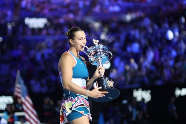 (230128) -- MELBOURNE, Jan. 28, 2023 -- Aryna Sabalenka of Belarus poses with the trophy after winning the women s singles final match between Elena Rybakina of Kazakhstan and Aryna Sabalenka of Belarus at Australian Open tennis tournament, in Melbourne, Australia, Jan. 28, 2023. ) (SP)AUSTRALIA-MELBOURNE-TENNIS-AUSTRALIAN OPEN-WOMEN S SINGLES-FINAL BaixXuefei 