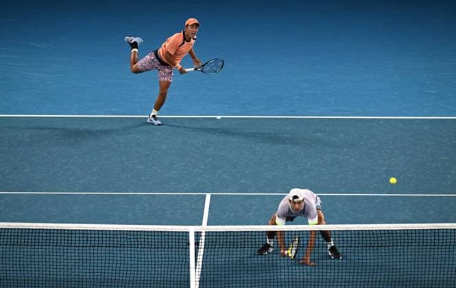 TENNIS AUSTRALIAN OPEN, Australian?s Rinky Hijikata (left) and Jason Kubler are seen during the men?s doubles final against Hugo Nys of Monaco and Jan Zielinski of Poland at the 2023 Australian Open tennis championship at Melbourne Park in Melbourne, Saturday, January 28, 2023. ( NO ARCHIVING, EDITORIAL USE ONLY, NO USE IN BOOKS WITHOUT CONSENT MELBOURNE VICTORIA AUSTRALIA  Copyright: xLUKASxCOCHx 20230128001757518503