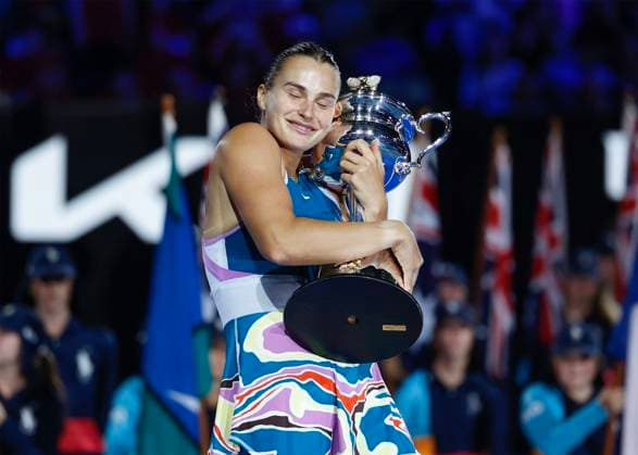 Melbourne, Australia. 28th. Jan., 2023. Winner Aryna Sabalenka holding the trophy of the Australian Open 2023 tournament at Melbourne Park on Saturday 28 January 202 Â Copyright: xJuergenxHasenkopfx