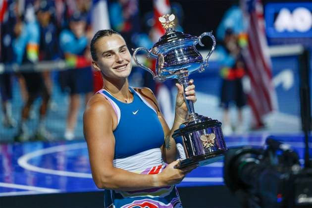 Melbourne, Australia. 28th. Jan., 2023. Winner Aryna Sabalenka holding the trophy of the Australian Open 2023 tournament at Melbourne Park on Saturday 28 January 202 Â Copyright: xJuergenxHasenkopfx