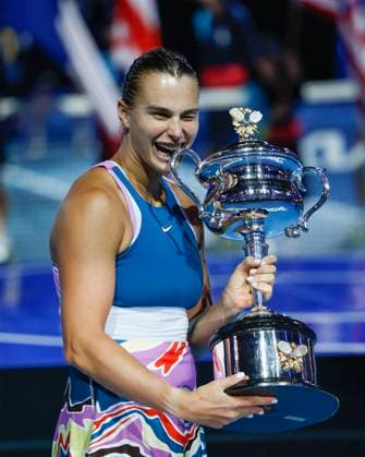 Melbourne, Australia. 28th. Jan., 2023. Winner Aryna Sabalenka holding the trophy of the Australian Open 2023 tournament at Melbourne Park on Saturday 28 January 202 Â Copyright: xJuergenxHasenkopfx