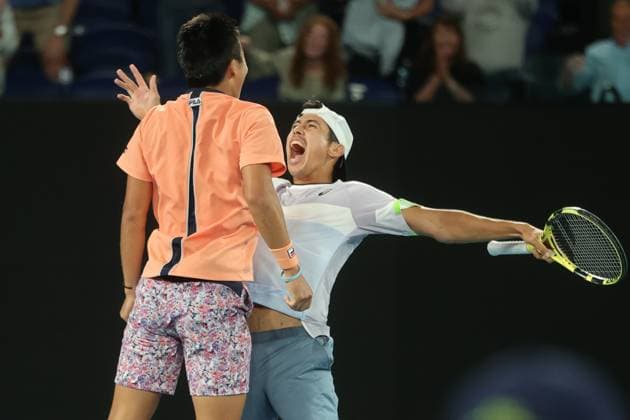 Rinky Hijikata and Jason Kubler of Australia defeat Hugo Nys of Monaco and Jan Zielinski of Poland 6-4 7-6 in Men™s Doubles Final match, Day 13 at the Australian Open Tennis 2023 at Rod Laver Arena, Melbourne, Australia on 28 January 2023. Copyright: xPeterxDovganx 34782764