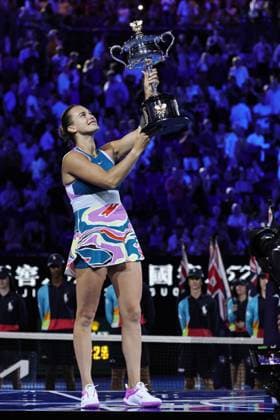 Aryna Sabalenka, BLR, during trophy presentation after final of 2023 Australian Open in Melbourne, 28 01 2023; -