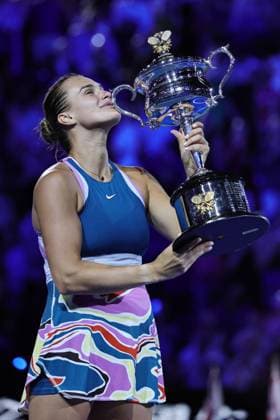 Aryna Sabalenka, BLR, during trophy presentation after final of 2023 Australian Open in Melbourne, 28 01 2023; -
