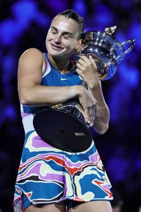 Aryna Sabalenka, BLR, during trophy presentation after final of 2023 Australian Open in Melbourne, 28 01 2023; -