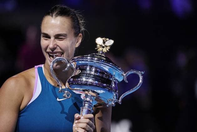 Aryna Sabalenka, BLR, during trophy presentation after final of 2023 Australian Open in Melbourne, 28 01 2023; -