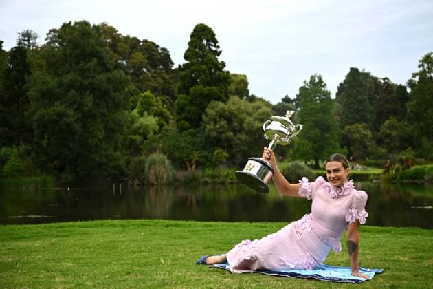 TENNIS AUSTRALIAN OPEN, Aryna Sabalenka of Belarus poses for a photo with the Daphne Akhurst Memorial Cup following her win over Elena Rybakina of Kazakhstan in the Women?s Singles Final at the 2023 Australian Open tennis tournament in Melbourne, Sunday, January 29, 2023. ( NO ARCHIVING, EDITORIAL USE ONLY, NO USE IN BOOKS WITHOUT CONSENT MELBOURNE VICTORIA AUSTRALIA  Copyright: xJOELxCARRETTx 20230129001757760091