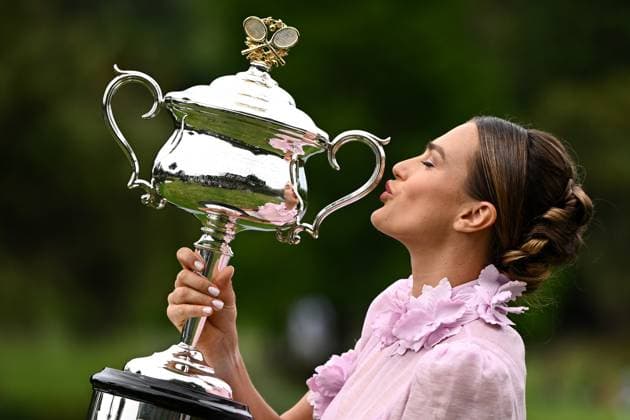 TENNIS AUSTRALIAN OPEN, Aryna Sabalenka of Belarus poses for a photo with the Daphne Akhurst Memorial Cup following her win over Elena Rybakina of Kazakhstan in the Women?s Singles Final at the 2023 Australian Open tennis tournament in Melbourne, Sunday, January 29, 2023. ( NO ARCHIVING, EDITORIAL USE ONLY, NO USE IN BOOKS WITHOUT CONSENT MELBOURNE VICTORIA AUSTRALIA  Copyright: xJOELxCARRETTx 20230129001757760498