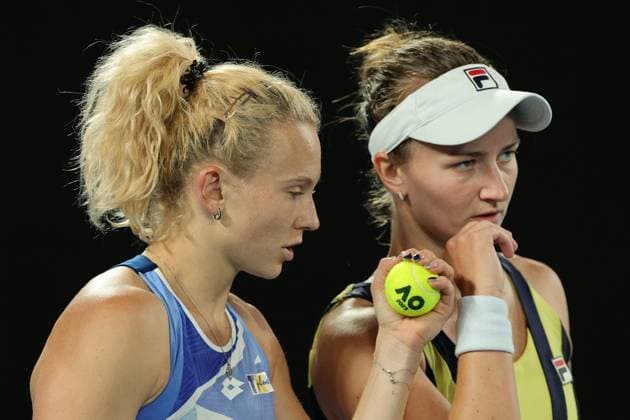 Barbora Krejcikova and Katerina Siniakova of Czech Republic in action against Shuko Aoyama and Ena Shibahara of Japan in Women™s Doubles Final match, Day 14 at the Australian Open Tennis 2023 at Rod Laver Arena, Melbourne, Australia on 29 January 2023. Copyright: xPeterxDovganx 34782781