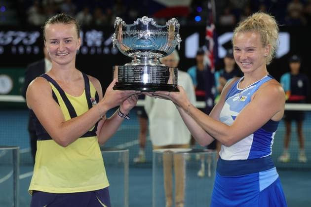 Champions Barbora Krejcikova and Katerina Siniakova of Czech Republic pose with their trophies after defeating Shuko Aoyama and Ena Shibahara of Japan 6-4 6-3 in Women™s Doubles Final match, Day 14 at the Australian Open Tennis 2023 at Rod Laver Arena, Melbourne, Australia on 29 January 2023. Copyright: xPeterxDovganx 34782815