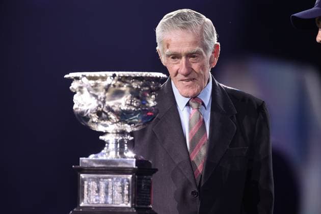 Ken Rosewall brings out the trophy for the match between Novak Djokovic of Serbia and Stefanos Tsitsipas of Greece during the MenÕs Final match, Day 14 at the Australian Open Tennis 2023 at Rod Laver Arena, Melbourne, Australia on 29 January 2023. Copyright: xPeterxDovganx 34782822