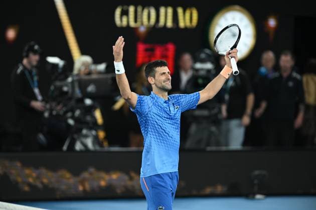 TENNIS AUSTRALIAN OPEN, Novak Djokovic of Serbia celebrates winning the men?s singles final against Stefanos Tsitsipas of Greece at the 2023 Australian Open tennis championship at Melbourne Park in Melbourne, Sunday, January 29, 2023. ( NO ARCHIVING, EDITORIAL USE ONLY, NO USE IN BOOKS WITHOUT CONSENT MELBOURNE VICTORIA AUSTRALIA  Copyright: xJamesxRossx 20230129001757911108