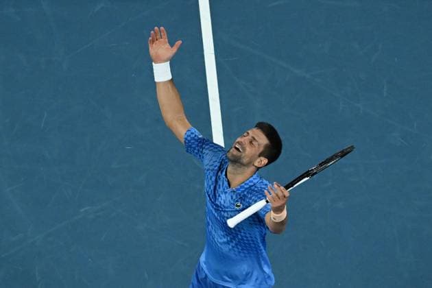 TENNIS AUSTRALIAN OPEN, Novak Djokovic of Serbia celebrates match point in the Men?s Singles Final against Stefanos Tsitsipas of Greece at the 2023 Australian Open tennis tournament at Melbourne Park in Melbourne, Sunday, January 29, 2023. ( NO ARCHIVING, EDITORIAL USE ONLY, NO USE IN BOOKS WITHOUT CONSENT MELBOURNE VICTORIA AUSTRALIA  Copyright: xLUKASxCOCHx 20230129001757911526