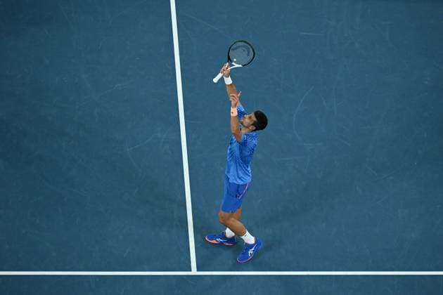 TENNIS AUSTRALIAN OPEN, Novak Djokovic of Serbia celebrates match point in the Men?s Singles Final against Stefanos Tsitsipas of Greece at the 2023 Australian Open tennis tournament at Melbourne Park in Melbourne, Sunday, January 29, 2023. ( NO ARCHIVING, EDITORIAL USE ONLY, NO USE IN BOOKS WITHOUT CONSENT MELBOURNE VICTORIA AUSTRALIA  Copyright: xLUKASxCOCHx 20230129001757913347