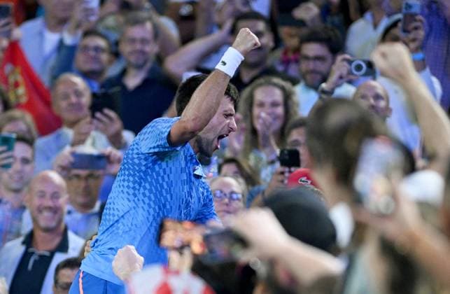 TENNIS AUSTRALIAN OPEN, Novak Djokovic of Serbia reacts to his players box after winning the men?s singles final against Stefanos Tsitsipas of Greece at the 2023 Australian Open tennis championship at Melbourne Park in Melbourne, Sunday, January 29, 2023. ( NO ARCHIVING, EDITORIAL USE ONLY, NO USE IN BOOKS WITHOUT CONSENT MELBOURNE VICTORIA AUSTRALIA  Copyright: xJamesxRossx 20230129001757920637