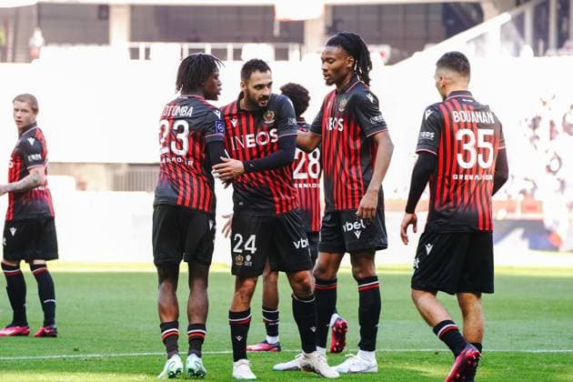 joie - GaÃ«tan Laborde (OGC Nice) - Jordan Lotomba (OGC Nice) - Khephren Thuram (OGC Nice) - Badredine Bouanani (OGC Nice) FOOTBALL : OGC Nice vs Lille - Ligue 1 Ubereats - Nice - 29 01 2023 NorbertScanella Panoramic 