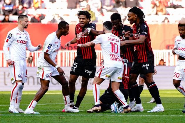 Tiago Djalo (Lille) - Jean Clair Todibo (OGC Nice) - Ross Barkley (OGC Nice) - Remy Cabella (Lille) FOOTBALL : OGC Nice vs Lille - Ligue 1 Ubereats - Nice - 29 01 2023 NorbertScanella Panoramic 