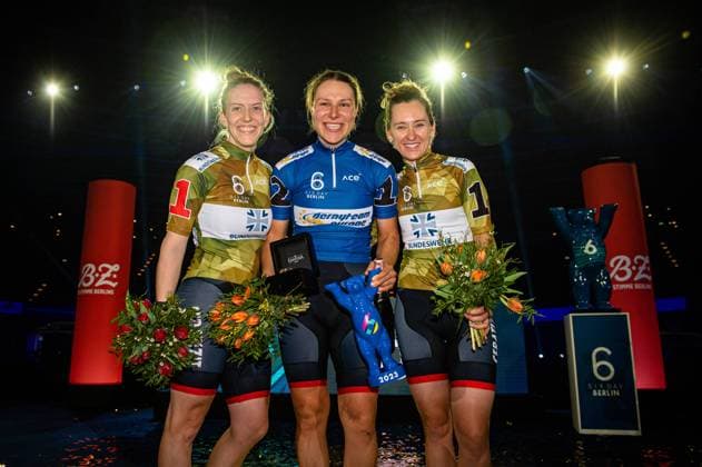 BRAUßE Franziska, DE ZOETE Mylene, TEUTENBERG Lea Lin: Six Day Berlin 2023 Team 1 - BRAUßE Franziska ( GER ) - Red Team 12 - DE ZOETE Mylene ( NED ) - Black - Team 1 - TEUTENBERG Lea Lin ( GER ) - Black - Award Ceremony - Medal Ceremony - Podium - Querformat - quer - horizontal - Landscape - Event Veranstaltung: Six Day Berlin 2023 - Category Kategorie: Cycling - Track cycling, Rad, Radsport, Bahnrad, Bahn Sixdays - Elite Women - Location Ort: Europe Germany - Berlin - Velodrom Berlin - Discipline: Madison - Distance: ... m - Date Datum: 29.01.2023 Sunday Day 3 -