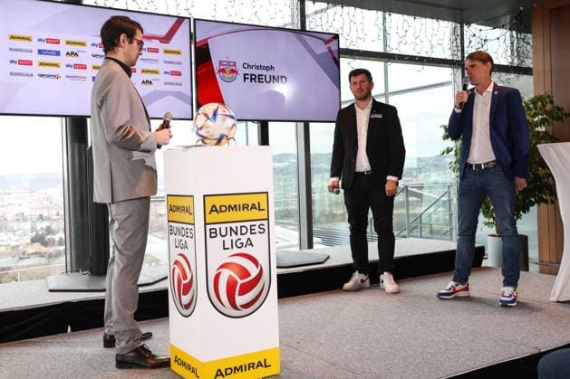 SOCCER - BL, press conference, PK, Pressekonferenz VIENNA,AUSTRIA,31.JAN.23 - SOCCER - ADMIRAL Bundesliga, spring season kickoff, press conference. Image shows Mathias Slezak (Bundesliga), sporting director Andreas Schicker (Sturm) and sporting director Christoph Freund (RBS).  GEPAxpictures xArminxRauthner