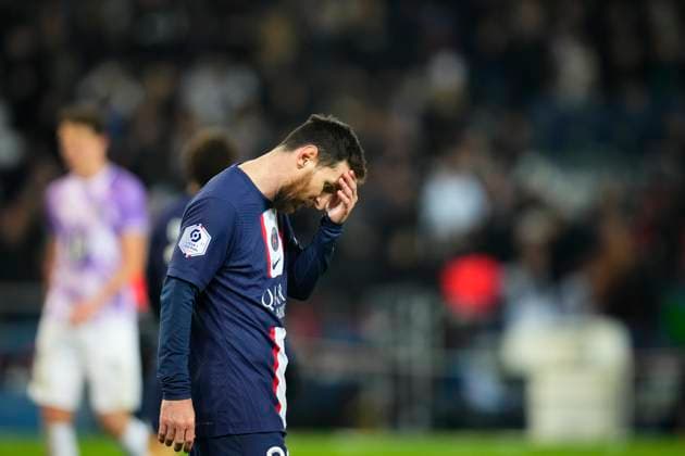 PARIS, FRANCE - FEBRUARY 4: Leo Messi eacts after missing a shot during the French Ligue 1 match between Paris Saint-Germain (PSG) and Toulouse FC at Parc des Princes on February 4, 2023 in Paris, France. (Photo by Glenn Gervot Icon Sportswire) SOCCER: FEB 04 French Ligue 1 - Toulouse FC at Paris Saint-Germain Icon202302045407