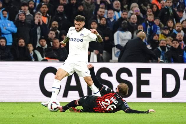 Jonathan Clauss (Olympique de Marseille) - Melvin Bard (OGC Nice) FOOTBALL : Olympique de Marseille vs OGC Nice - Ligue 1 Ubereats - Marseille - 05 02 2023 NorbertScanella Panoramic 