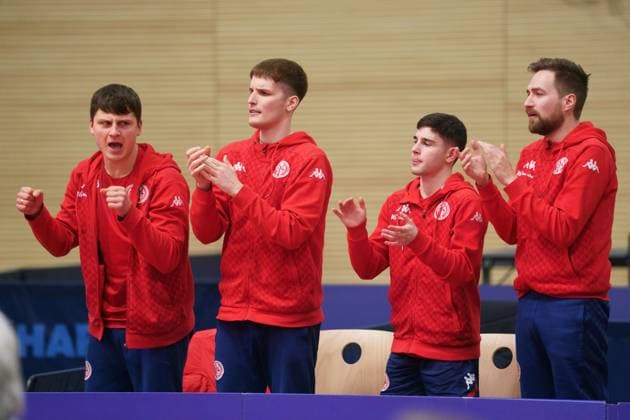 ANDREI PUTUNTICA, LUKA MLADENOVIC, CARLO ROSSI, TAMASZ KASICA MAINZ FEIERT DEN ERSTEN HEIMSIEG 1.FSV MAINZ 05-TTC NEU-ULM 1. TISCHTENNIS BUNDESLIGA MAINZ