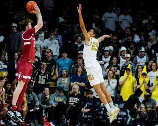 February 5, 2023: Colorado Buffaloes forward Tristan da Silva (23) jumps out on Stanford Cardinal forward Max Murrell (10) in the menÃ¢â‚¬â ¢s basketball game between Colorado and Stanford in Boulder, CO. CSM. USA - ZUMAc04_ 20230205_zaf_c04_083 Copyright: xDerekxRegensburgerx