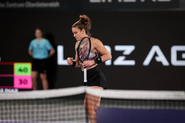 TENNIS - WTA, Tennis Damen Upper Austria Ladies Linz LINZ,AUSTRIA,07.FEB.23 - TENNIS - WTA Tour, Upper Austria Ladies Linz. Image shows the rejoicing of Maria Sakkari (GRE).  GEPAxpictures xManfredxBinder