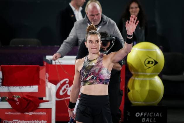 TENNIS - WTA, Tennis Damen Upper Austria Ladies Linz LINZ,AUSTRIA,07.FEB.23 - TENNIS - WTA Tour, Upper Austria Ladies Linz. Image shows the rejoicing of Maria Sakkari (GRE).  GEPAxpictures xManfredxBinder