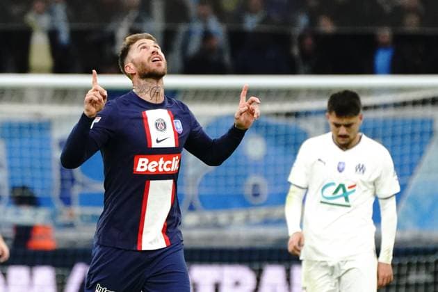 joie - Sergio Ramos (PSG) FOOTBALL : Olympique de Marseille vs PSG - Coupe de France - 8eme de finale - Marseille - 08 02 2023 NorbertScanella Panoramic 
