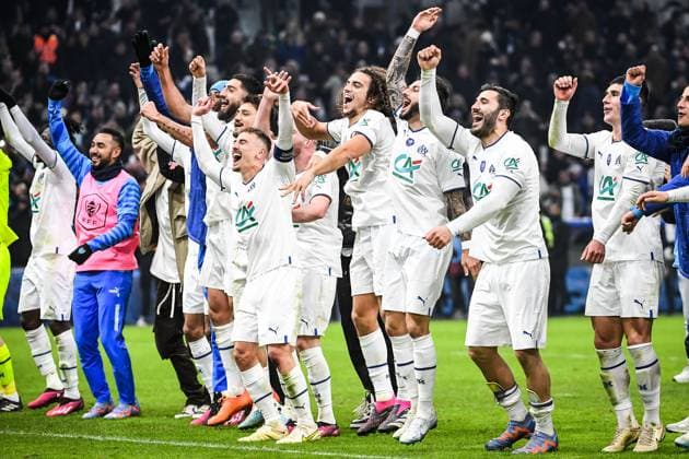 February 8, 2023, Marseille, France, France: Team of Marseille celebrate the victory during the French Cup match between Olympique de Marseille (OM) and Paris Saint-Germain (PSG) at Orange Velodrome Stadium on February 08, 2023 in Marseille, France. Marseille France - ZUMAm308 20230208_zsp_m308_011 Copyright: xMatthieuxMirvillex