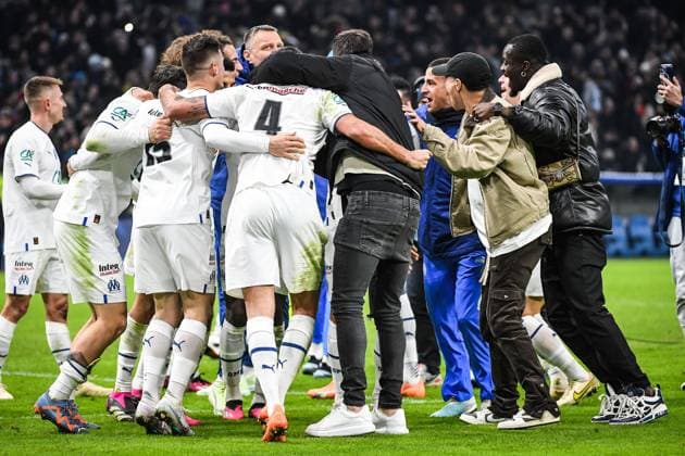 February 8, 2023, Marseille, France, France: Team of Marseille celebrate the victory during the French Cup match between Olympique de Marseille (OM) and Paris Saint-Germain (PSG) at Orange Velodrome Stadium on February 08, 2023 in Marseille, France. Marseille France - ZUMAm308 20230208_zsp_m308_012 Copyright: xMatthieuxMirvillex