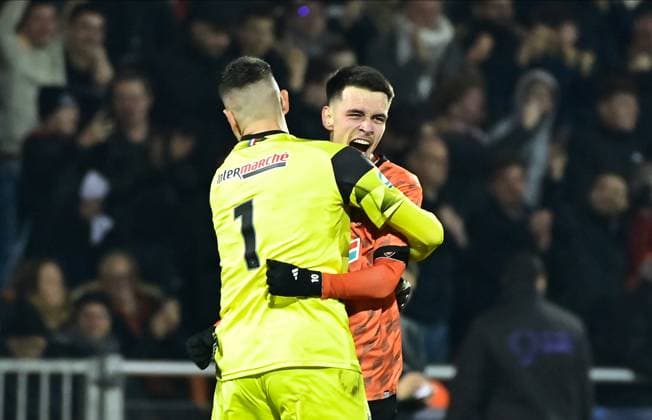 Joie des joueurs de Lorient apres le but de E Le Fee ( 10 - FC Lorient ) - FOOTBALL : Lorient vs Lens - Coupe de France - 09 02 2023 FedericoPestellini Panoramic 