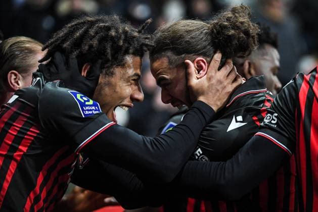 February 10, 2023, Nice, France, France: Billal BRAHIMI of Nice celebrate his goal with Jean-Clair TOBIDO of Nice during the Ligue 1 match between OGC Nice and AC Ajaccio at Allianz Riviera Stadium on February 10, 2023 in Nice, France. Nice France - ZUMAm308 20230210_zsp_m308_004 Copyright: xMatthieuxMirvillex