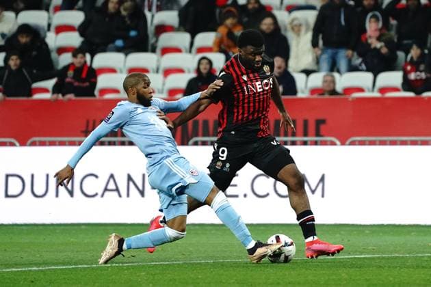 Terem Moffi (OGC Nice) - Mohamed Youssouf (AC Ajaccio) FOOTBALL : OGC Nice vs AC Ajaccio - Ligue 1 Ubereats - Nice - 10 02 2023 NorbertScanella Panoramic 