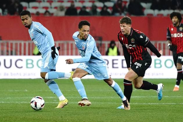 Florian Chabrolle (AC Ajaccio) - Ross Barkley (OGC Nice) FOOTBALL : OGC Nice vs AC Ajaccio - Ligue 1 Ubereats - Nice - 10 02 2023 NorbertScanella Panoramic 
