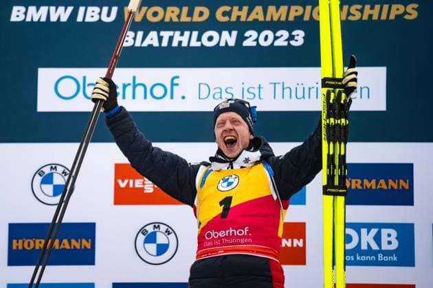 Bilder des Jahres 2023, Sport 02 Februar Sport Themen der Woche KW06 Sport Bilder des Tages 230211 Johannes Thingnes Boe of Norway celebrates at the flower ceremony after Men s Sprint during the IBU Biathlon World Championships on February 11, 2023 in Oberhof. Photo: Mathias Bergeld BILDBYRAN kod MB MB0540 skidskytte biathlon skiskyting skidskytte-vm vm ibu world championships biathlon world championships day 4 bbeng sprint men s sprint jubel norge *** 230211 Johannes Thingnes Boe of Norway celebrates at the flower ceremony after Men s Sprint during the IBU Biathlon World Championships on February 11, 2023 in Oberhof Photo Mathias Bergeld BILDBYRAN code MB MB0540 biathlon biathlon biathlon biathlon biathlon world championships biathlon world championships day 4 bbeng sprint mens sprint jubel norway,  Copyright: MATHIASxBERGELD BB230211MB131