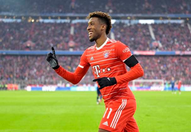 11.02.2023, Fussball 1. Bundesliga 2022 2023, 20.Spieltag, FC Bayern München - VfL Bochum, in der Allianz-Arena München. Torjubel nach dem 2:0 . Kingsley Coman (FC Bayern München) jubelt,