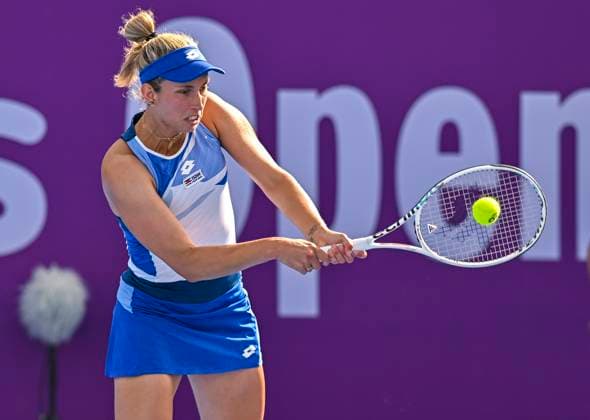 Qatar TotalEnergies Open 2023 Elise Mertens of Belgium in action during her 1st round Qualifying match against Mubaraka Al-Naimi of Qatar at the WTA, Tennis Damen Qatar TotalEnergies Open tennis tournament at the Khalifa International Tennis Complex in Doha, Qatar, 11 February 2023 Doha Qatar  Copyright: xNoushadxThekkayilx originalFilename:varittyakkal-wtaqatar230211_npc6E.jpg