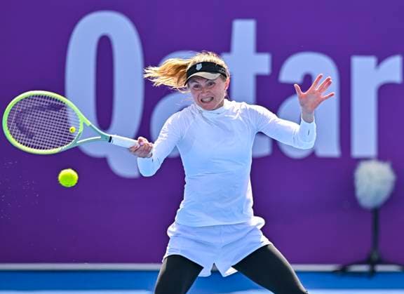 Qatar TotalEnergies Open 2023 Aliaksandra Sasnovich of Belarus in action during her 1st round Qualifying match against Bethanie Mattek-Sands of United States at the WTA, Tennis Damen Qatar TotalEnergies Open tennis tournament at the Khalifa International Tennis Complex in Doha, Qatar, 11 February 2023 Doha Qatar  Copyright: xNoushadxThekkayilx originalFilename:varittyakkal-wtaqatar230211_npEL8.jpg