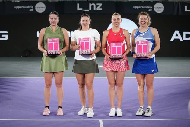 TENNIS - WTA, Tennis Damen Upper Austria Ladies Linz LINZ,AUSTRIA,12.FEB.23 - TENNIS - WTA Tour, Upper Austria Ladies Linz. Image shows Natalia Dzalamidze (GEO) and Viktoria Kuzmova (SVK) and Anna Lena Friedsam (GER) and Nadia Kichenok (UKR) at the award ceremony.  GEPAxpictures xManfredxBinder