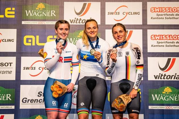 FINUCANE Emma, FRIEDRICH Lea Sophie, HINZE Emma: UEC Track cycling, Rad, Radsport, Bahnrad, Bahn European Championships Grenchen 2023 FINUCANE Emma ( GBR ) - Great Britain - Second Place - FRIEDRICH Lea Sophie ( GER ) Germany Winner - First Place - HINZE Emma ( GER ) - Germany - Third Place - Award Ceremony - Medal Ceremony - Podium - Querformat - quer - horizontal - Landscape - Event Veranstaltung: UEC Track Cycling European Championships 2023 - Grenchen - Category Kategorie: Cycling - Track Cycling European Championships - Location Ort: Europe Switzerland - Grenchen - Tissot Velodrome - Discipline: Keirin - Elite Women - Distance: ... m - Date Datum: 12.02.2023 Sunday Day 5 -