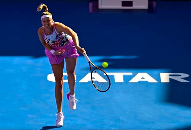 WTA, Tennis Damen Qatar TotalEnergies Open 2023 Petra Kvitova of Czech Republic in action against Shuai Zhang of Chinaat the WTA Qatar TotalEnergies Open tennis tournament at the Khalifa International Tennis Complex in Doha, Qatar, 14 February 2023 DOHA Qatar  Copyright: xNoushadxThekkayilx originalFilename:varittyakkal-wtaqatar230214_npTn2.jpg