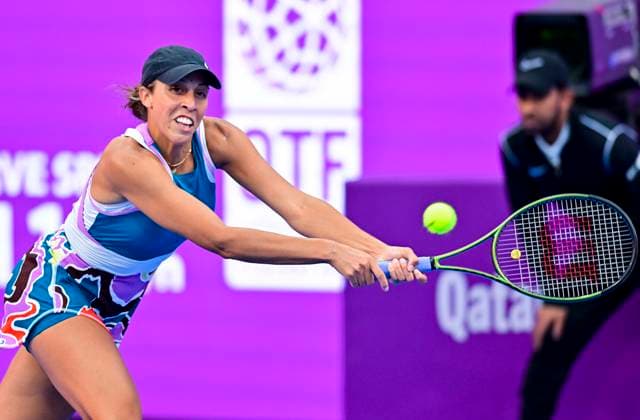 WTA, Tennis Damen Qatar TotalEnergies Open 2023 Madison Keys of United States in action against Jelena Ostapenko of Latvia at the WTA Qatar TotalEnergies Open tennis tournament at the Khalifa International Tennis Complex in Doha, Qatar, 14 February 2023 DOHA Qatar  Copyright: xNoushadxThekkayilx originalFilename:varittyakkal-wtaqatar230214_npN0n.jpg
